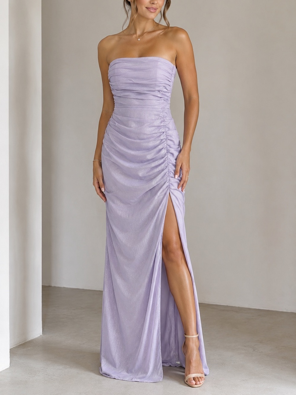 MAJORELLE Lavender Ruched Strapless Maxi Dress Size XXS.